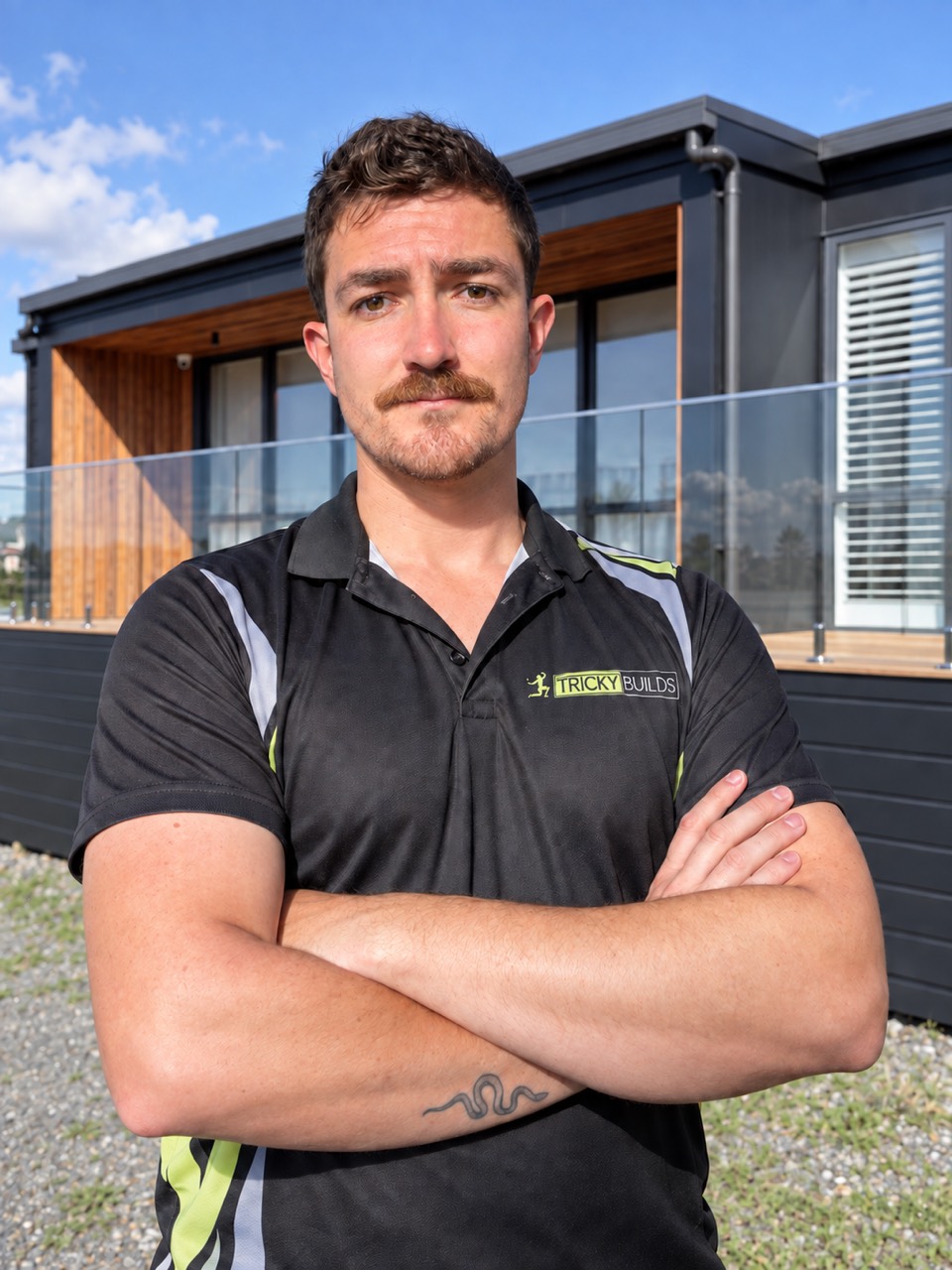 Caleb White, founder of TrickyBuilds, wearing his branded work shirt