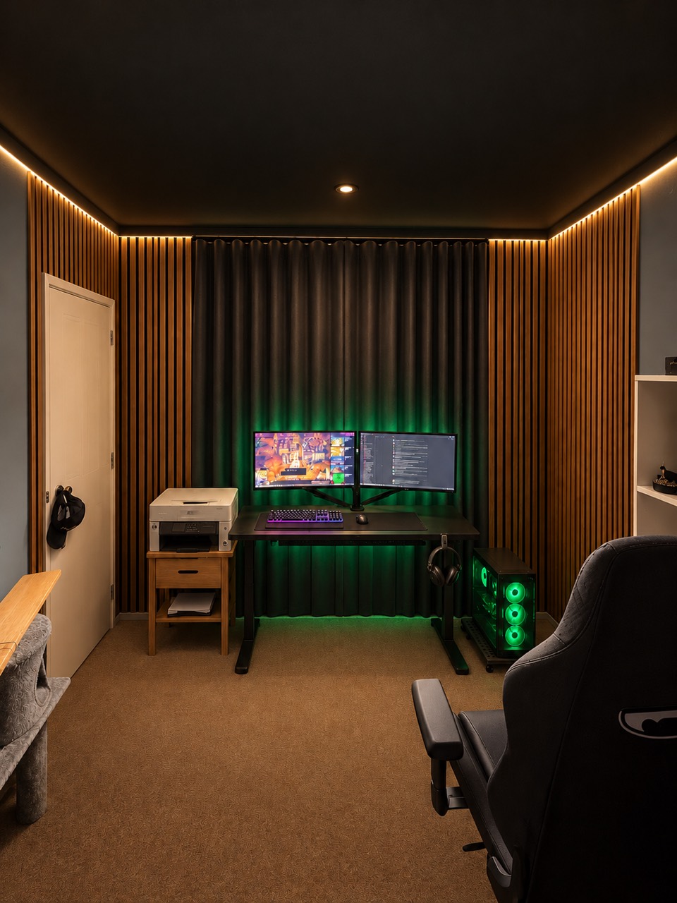 AI design concept with timber wall panels and warm LED lighting